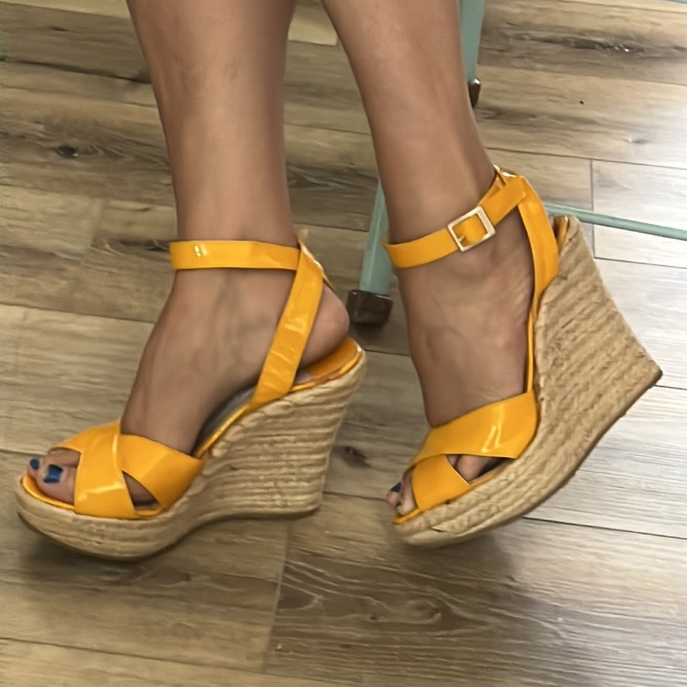 Worn once, Jimmy Choo, yellow espadrille wedge heels